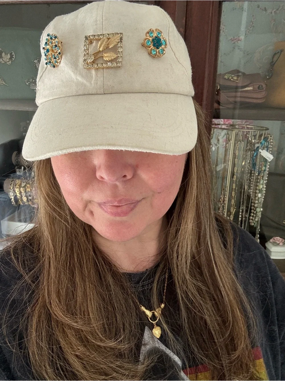 Embellished Cream Baseball Cap with Gold Accents